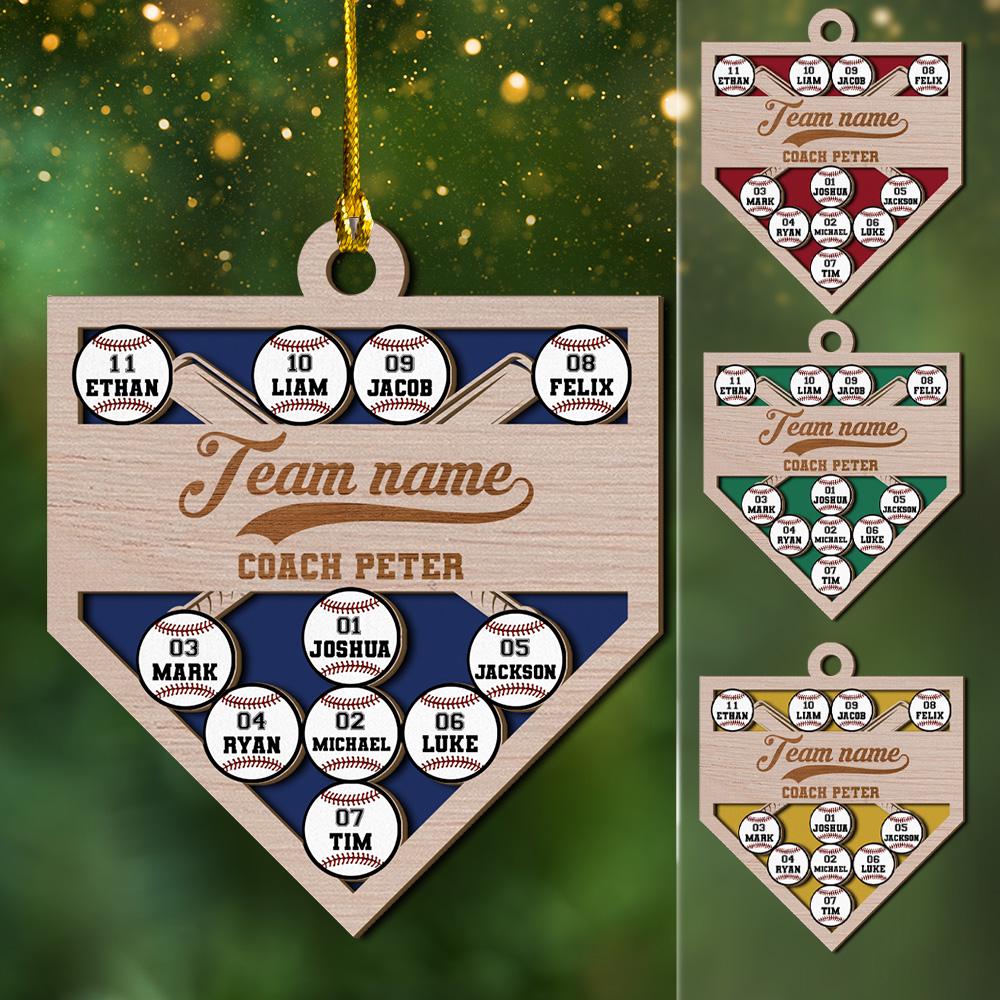 Personalized 2 Layered Wooden Baseball Ornament for Team, Custom Name Team Name Coach Name and Player Members Baseball Christmas Ornament