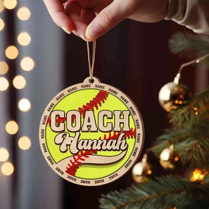 Personalized Softball Coach Layered Wood Ornament, Custom Softball Christmas Ornament, Gift For Coach or Team, Laser Cut Engraved Ornament