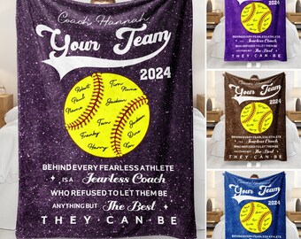 Personalized Softball Coach Blanket - Custom Coach Name, Team Name, Team Color, Team Member Cozy Sherpa Fleece Throw - Softball Coach Gift