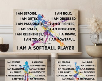Personalized Softball Wall Art, I am A Softball Player Posters/Canvas, Custom Framed Canvas, Softball Gift for Mom, Daughter, Girl, Team