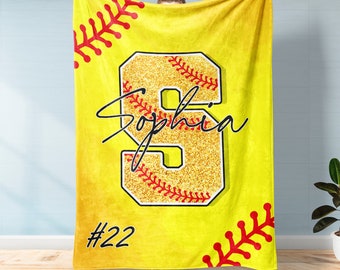 Personalized Softball Blanket - Custom Letter, Name and Number Softball Gift - Gift for Softball Girls, Girlfriend, Wife, Mom and Team