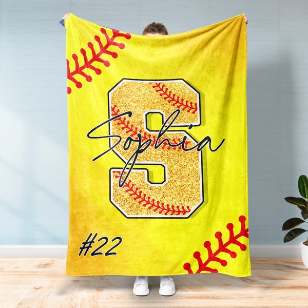 Personalized Softball Blanket - Custom Letter, Name and Number Softball Gift - Gift for Softball Girls, Girlfriend, Wife, Mom and Team