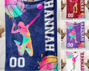 Personalized Volleyball Blanket - Custom Name Watercolor Design Volleyball Sherpa Fleece Throw - Volleyball Gift for Mom, Girlfriend, Player