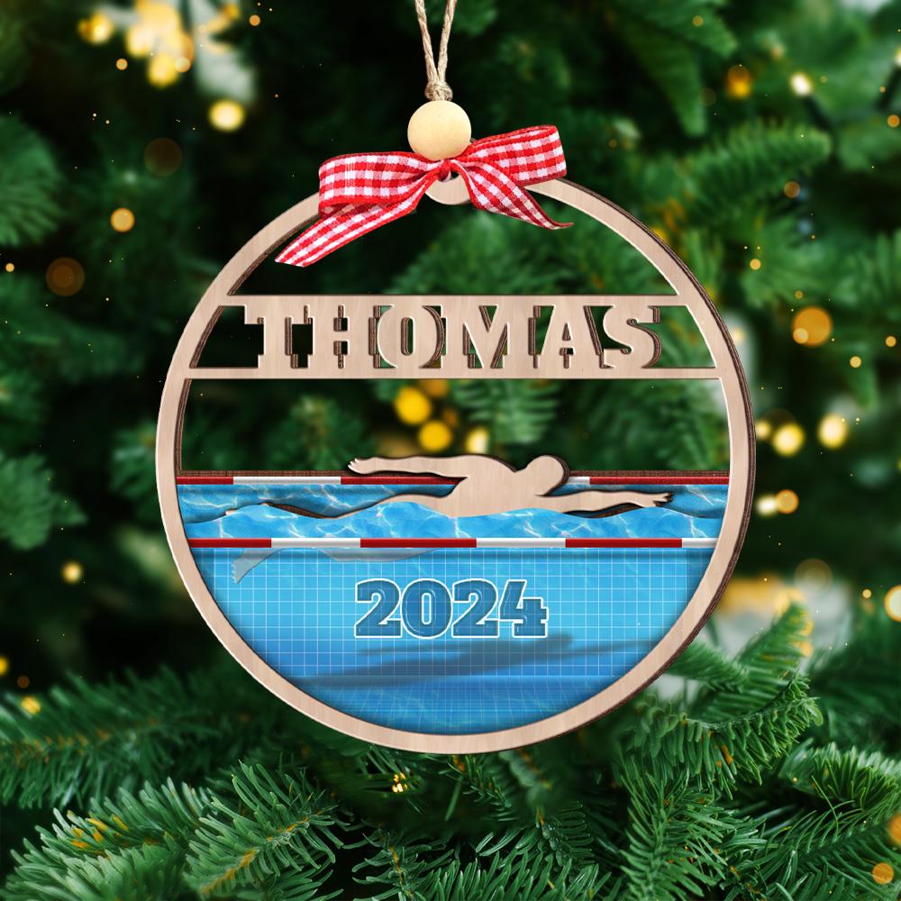 Personalized Swimming Layered Wood Ornament, Custom Swimmer Gift Christmas Tree Ornament, Sport Christmas Home Decor, Xmas Gift for Him