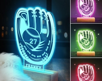 Customized Baseball Gloves LED Night Light - Personalized Name and Number - Baseball Gift for Boyfriend, Son, Dad, Player, and Team