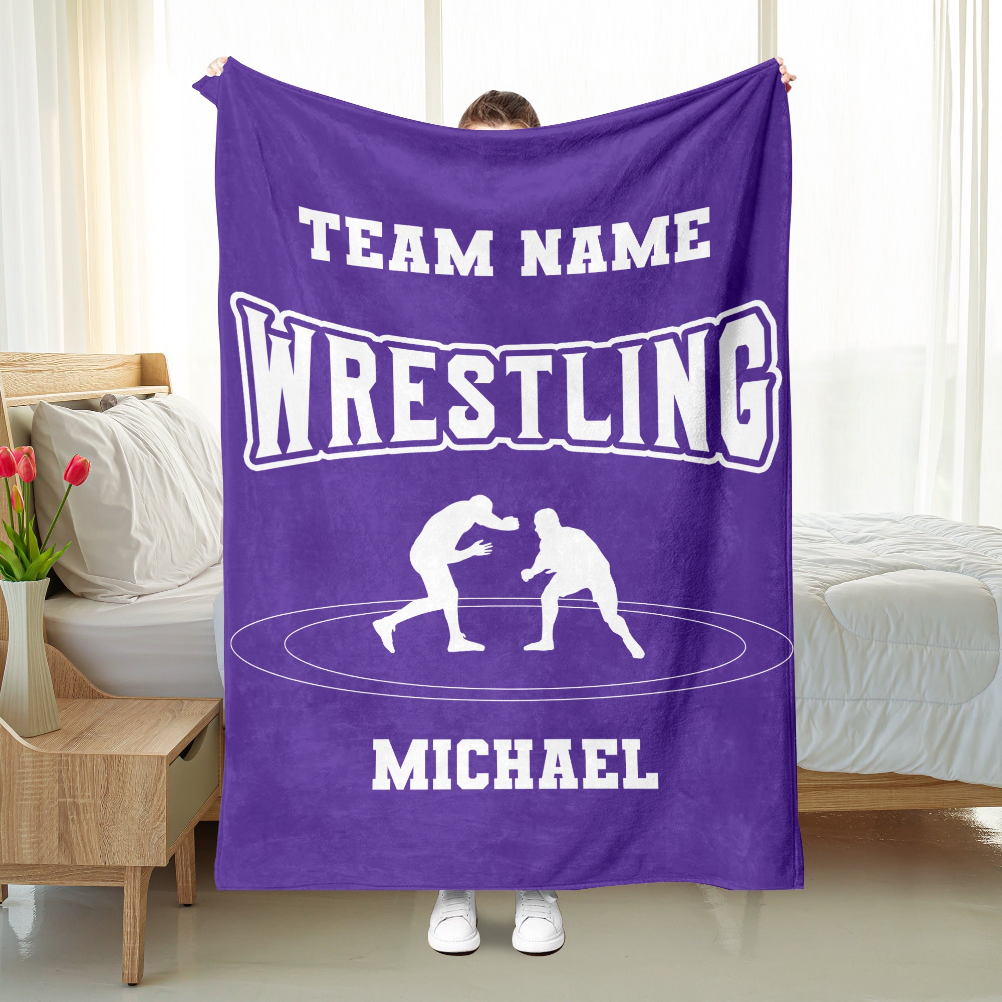 Personalized Wrestling Blanket with Custom Team Name - Soft, Cozy Sherpa Fleece Throw - Unique Gift for Wrestlers, Dads, Husbands, Sons