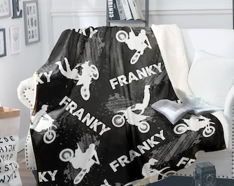 Personalized Motocross Blankets - Custom Name Dirt Bike Blankets and Throws - Gifts for Motorcycle Fans, Boys or Men