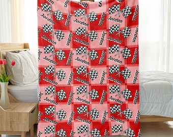 Personalized Racing Blanket - Custom Name Racing Gift - Racing Flag Blanket - Cozy Sherpa Fleece Throw for Drivers, Fans, and Families