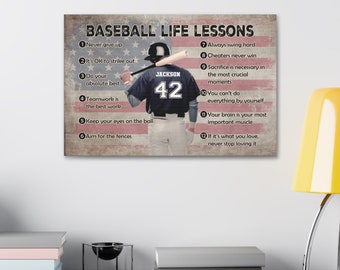 Arte de parede de beisebol personalizada, pôster/tela de aulas de vida de beisebol, tela com moldura personalizada, presente de beisebol para pai, filho, menino, equipe