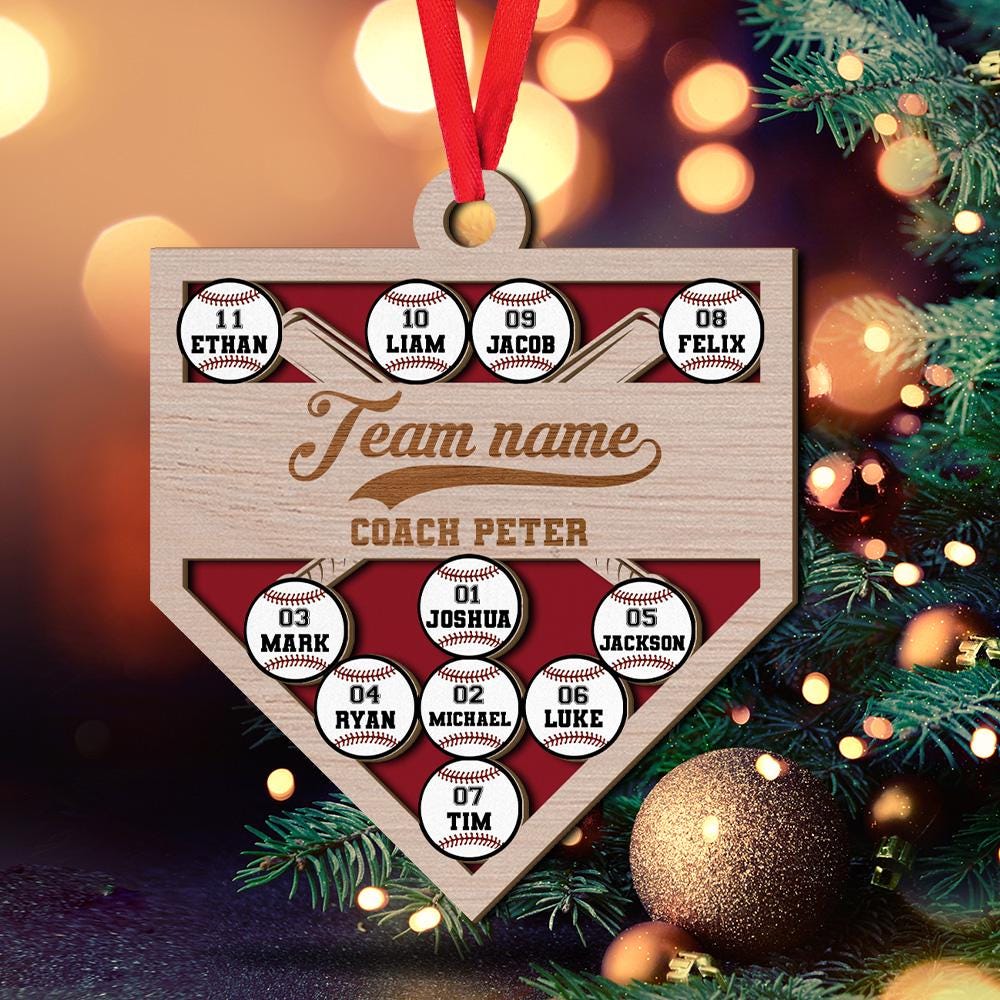 Personalized 2 Layered Wooden Baseball Ornament for Team, Custom Name Team Name Coach Name and Player Members Baseball Christmas Ornament
