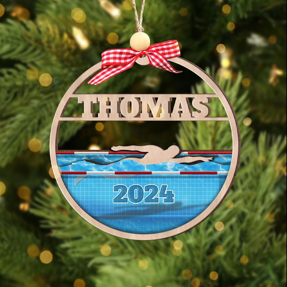 Personalized Swimming Layered Wood Ornament, Custom Swimmer Gift Christmas Tree Ornament, Sport Christmas Home Decor, Xmas Gift for Him
