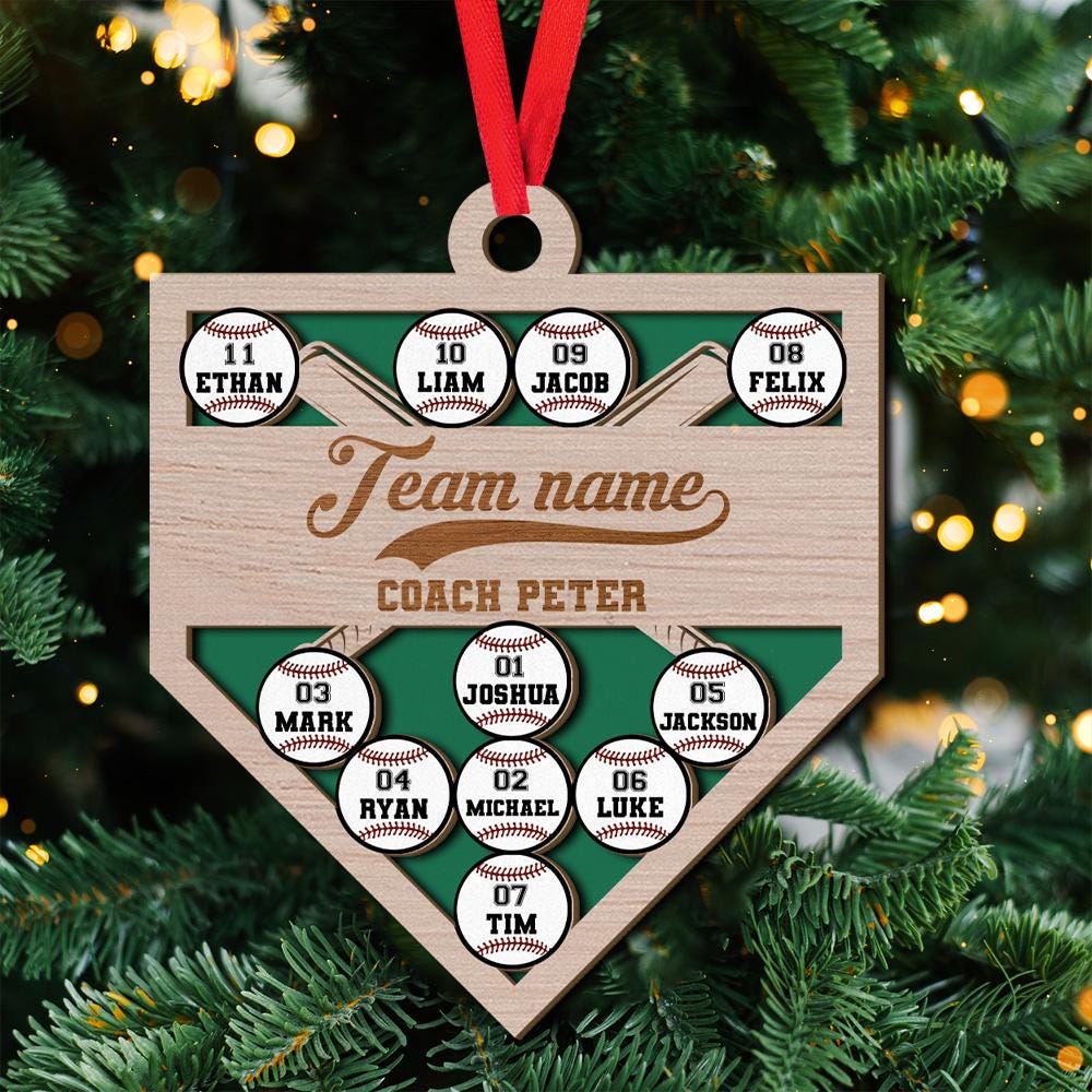Personalized 2 Layered Wooden Baseball Ornament for Team, Custom Name Team Name Coach Name and Player Members Baseball Christmas Ornament