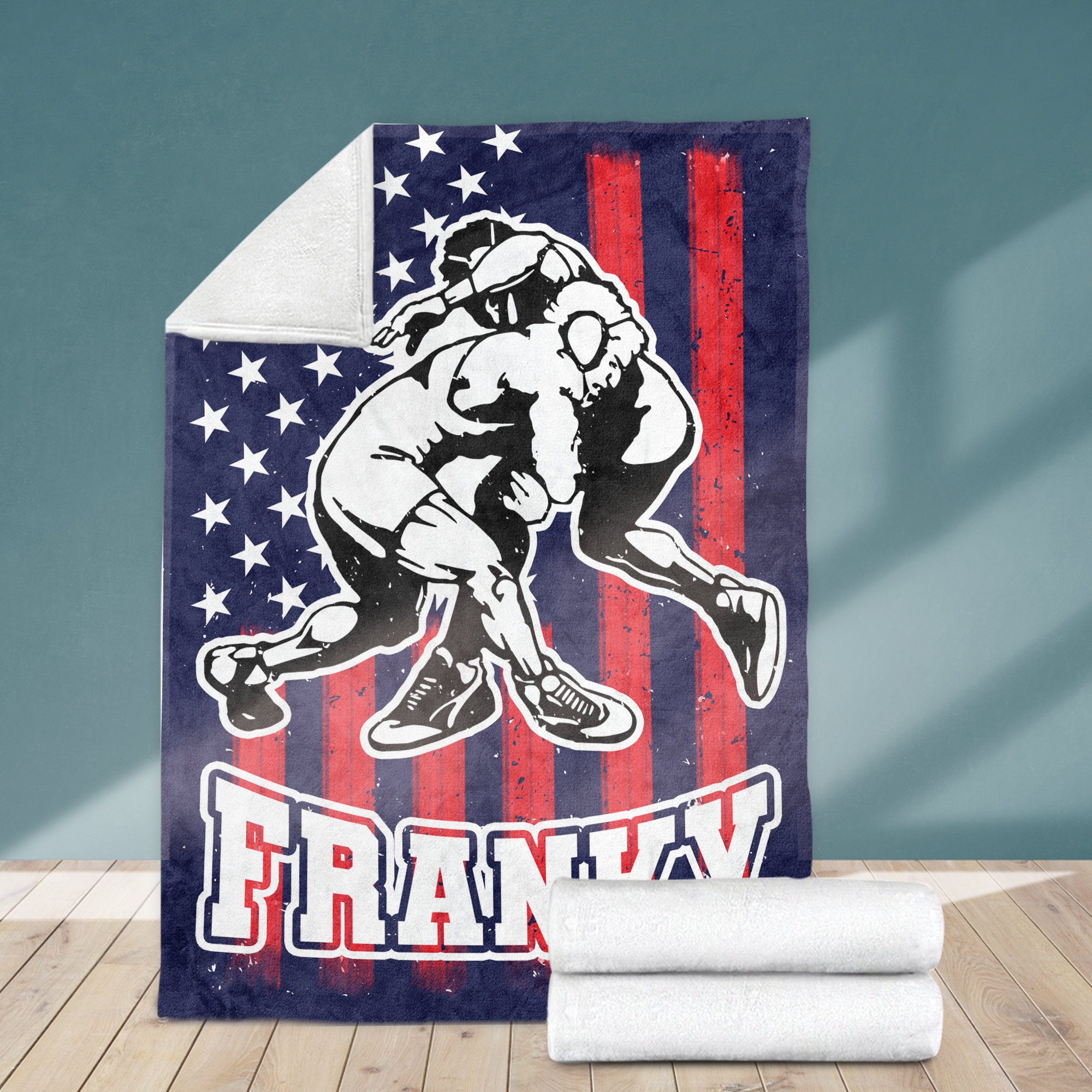 Personalized Wrestling Blanket - Custom Name Sport Gift for Wrestler, Dad, Husband, Son, Team - US Flag Background Design Wrestler Gift