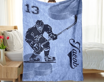 Personalized Hockey Blanket - Customizable Name & Number - Hockey Player Gift - Cozy Sherpa Fleece Throw for Players, Fans, and Families