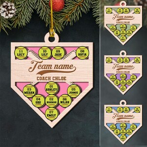 Personalized 2 Layered Wooden Softball Ornament for Team, Custom Name Team Name Coach Name and Player Members Softball Christmas Ornament