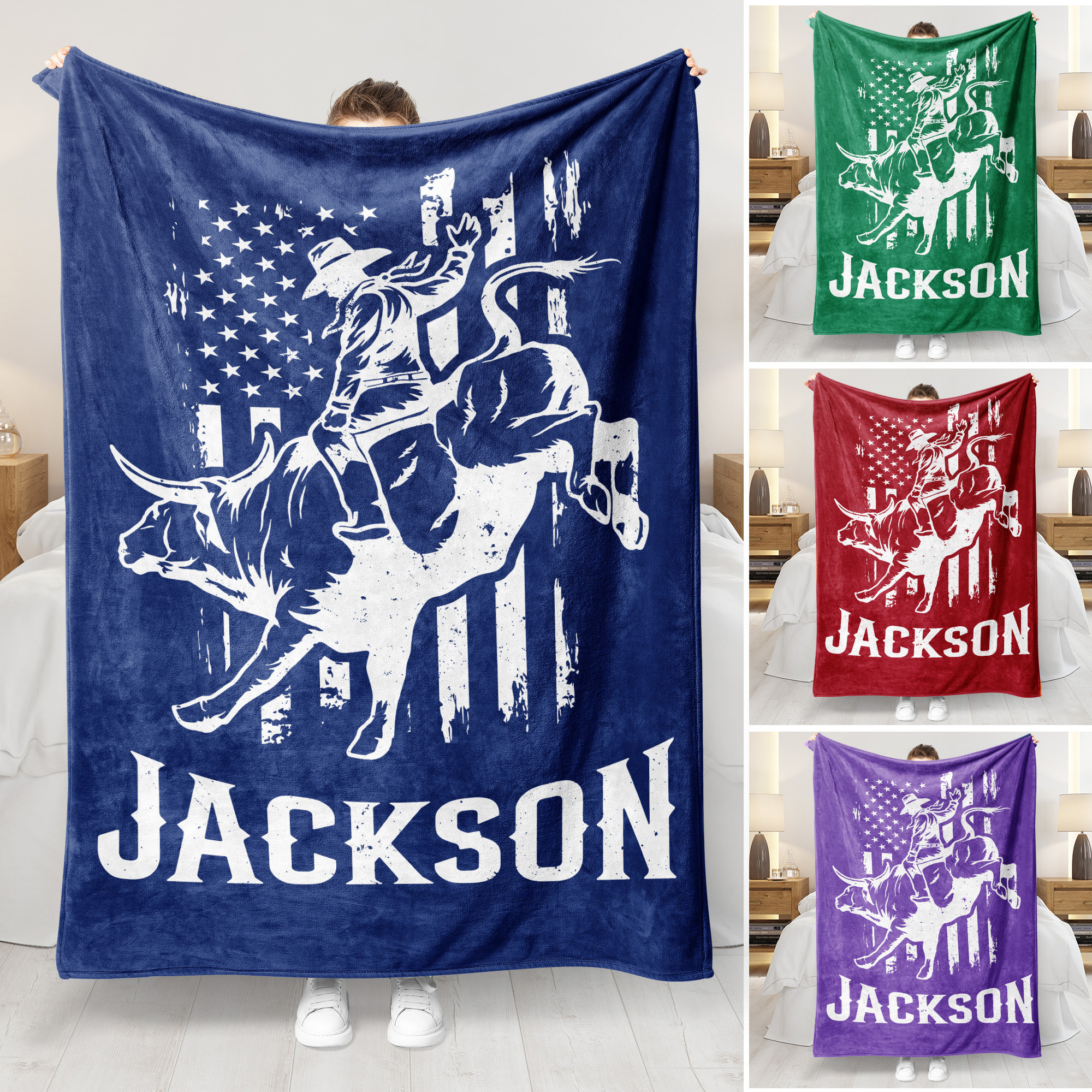 Personalized Rodeo Rider Blanket - Custom Name Bull Rider Fleece Sherpa Blanket - Rodeo Sport Gift - Rider Gift - Cowboy Gift - Gift For Him