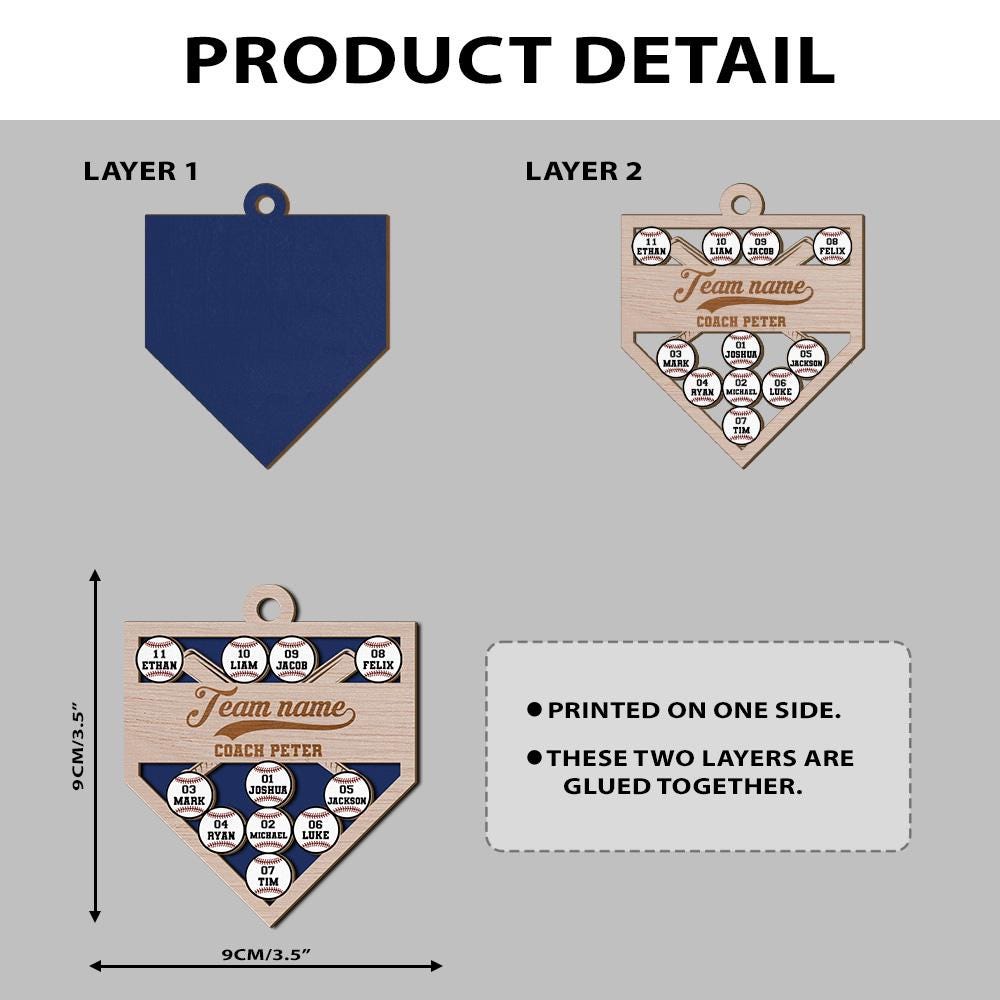 Personalized 2 Layered Wooden Baseball Ornament for Team, Custom Name Team Name Coach Name and Player Members Baseball Christmas Ornament