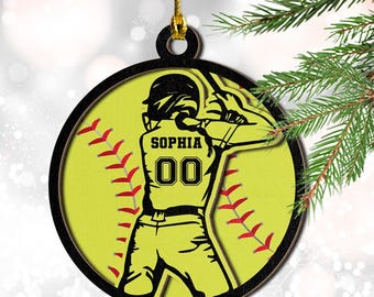 Personalized Softball Ornament, Custom Name Softball 2 Layered Wooden Ornaments, Softball Christmas Ornament, Sports Ornament Personalized