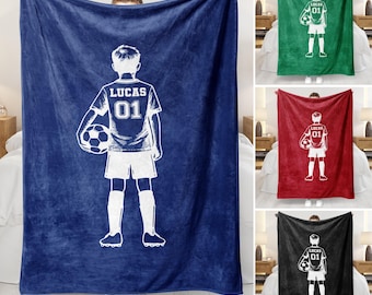 Personalized Soccer Blanket, Custom Kids Name Number Fleece Sherpa Throw Blankets, Sport Gift for Boy And Team