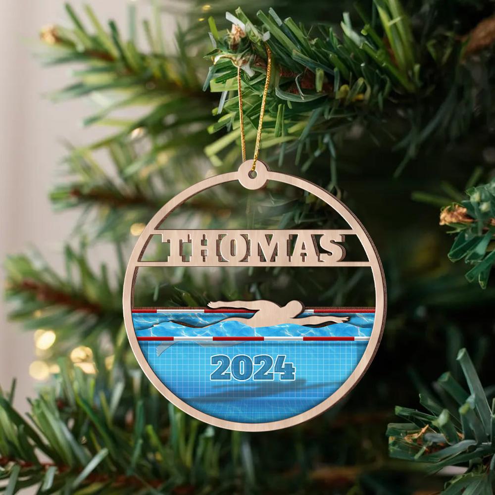 Personalized Swimming Layered Wood Ornament, Custom Swimmer Gift Christmas Tree Ornament, Sport Christmas Home Decor, Xmas Gift for Him