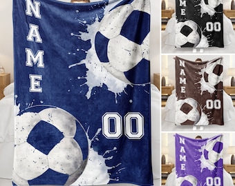 Personalized Soccer Blanket - Custom Name and Number Cozy Fleece Sherpa Throw - Gift for Boys, Girls, Players, and Fans