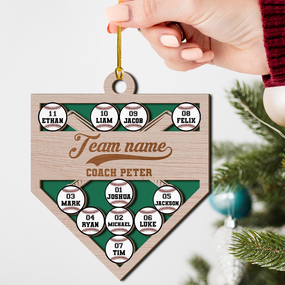 Personalized 2 Layered Wooden Baseball Ornament for Team, Custom Name Team Name Coach Name and Player Members Baseball Christmas Ornament
