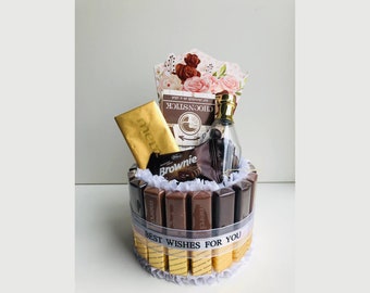 Gift box, cake, chocolate bouquet Merci chocolates gold sweets love Birthday Present