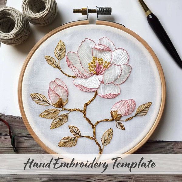 Magnolia Flower Embroidery, Beginner Embroidery, PDF embroidery pattern, Floral Embroidery pattern, DIY Hand Embroidery, Digital Download