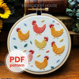 Grandma&#39;s Chickens Embroidery Pattern, Instant Digital Download, PDF Embroidery Pattern, Hand Embroidery, DIY Embroidery, PDF Pattern Design