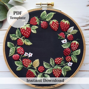 Strawberries wreath Hand Embroidery Pattern, fruit Embroidery, Floral wreath, Hand Embroidery pattern, Wreath Embroidery, Beginner friendly