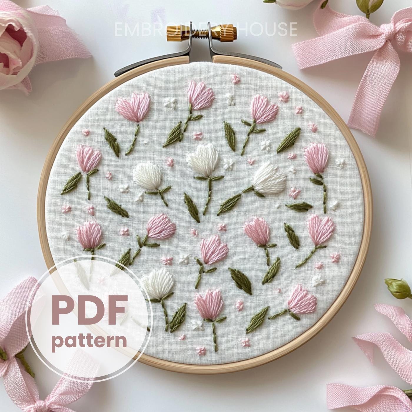 Tulips and Bows Embroidery, Hand Embroidery, PDF template, Baby girl Nursery Decor, Beginner Embroidery, Coquette Embroidery, DIY Embroidery