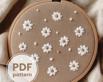 Daisies Embroidery Pattern, White daisies Hand Embroidery, Needlepoint ,Floral embroidery, Printable pattern, seamless pattern, spring decor