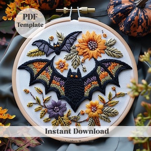 Floral Bats Hand Embroidery Pattern, Halloween Embroidery Pattern, Bats Embroidery Pattern, Hand Embroidery, DIY Embroidery, halloween decor