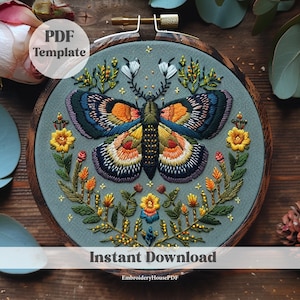 May include: A PDF embroidery pattern featuring a colorful butterfly surrounded by yellow flowers and green leaves on a blue background. The pattern is in a hoop and the text "Instant Download" and "EmbroideryHousePDF" is below the hoop.