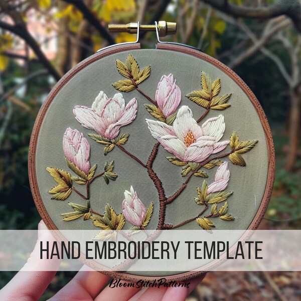 Pink Magnolia flower, Floral design, Needlework pattern, Stitching template, Flower embroidery art, DIY craft template, Magnolia embroidery