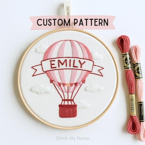 Hot air balloon embroidery pattern, PDF pattern, custom name embroidery, hot air balloon pattern, kids room decor, baby wall decor, name art