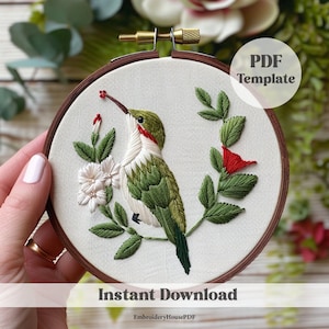 Spring Hummingbird Hand Embroidery template, Hummingbird Pattern, Spring Bird Pattern, Hand Embroidery, Embroidery art, Wildlife Embroidery
