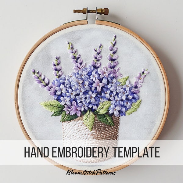 Lilac Hand Embroidery template, Lilac potted Purple, Buddleia Embroidery Design, Summer Flower Embroidery Pattern, Purple Floral Needlework