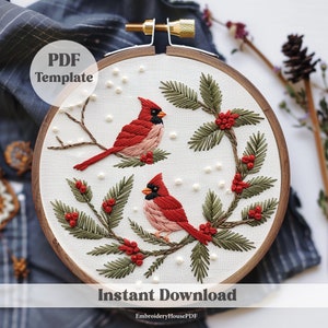 Roter Kardinal Vögel Stickerei, Rote Kardinäle Muster, Herbst Vogel Muster, Handstickerei, DIY Stickerei, Wildtier Stickerei, Stickrahmen Kunst