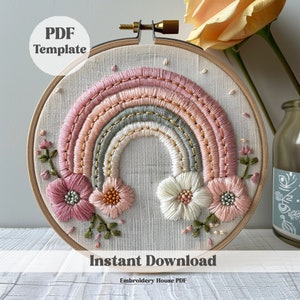 Pink rainbow Hand Embroidery Pattern, Rainbow Flower, Boho Embroidery, Rainbow Embroidery, Boho art, Instant Download, printable embroidery