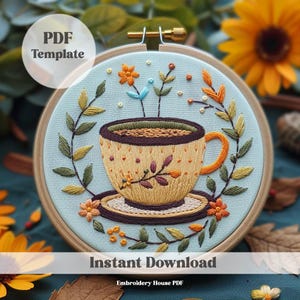 PDF Pattern, Hand Embroidery Pattern, Floral teacup Hand Embroidery, printable embroidery, tea lovers gift idea, kitchen decor, Hoop Art