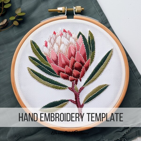 Protea flower Embroidery, Floral design, Stitching pattern, Embroidery motif ,Needlework design, Protea embroidery, DIY Botanical embroidery