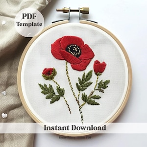 Modello di ricamo a mano del papavero rosso, ricamo di fiori, motivo floreale, modello PDF di ricamo a mano, motivo di fiori di campo, adatto ai principianti