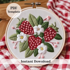Handborduurwerk wilde aardbei, schattig aardbeidecor DIY, fruitborduurwerkontwerp, aardbeiborduurwerk, keukendecor, zomerambachten