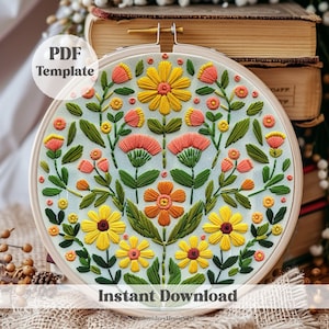 Bloemen volksborduurpatroon, handborduurwerk, moderne folk bloemenkaart, Scandinavische volkskunst, DIY-borduurpatroon, Instant download