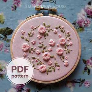 小さなバラの刺繍パターン、ピンクのバラの繰り返し、手刺繍ニードルポイント、花の自然刺繍、印刷可能なパターン、シームレスなパターン