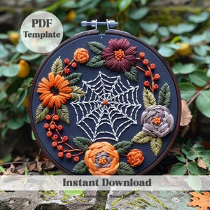 Fall Embroidery, PDF Pattern, Halloween Floral Embroidery Art, Spooky Season Art, Cute Gothic Embroidery, Spider Web Hand Embroidery Pattern