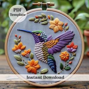 Hummingbird Embroidery Pattern, Bird Embroidery, Floral bird, Hand Embroidery Pattern, PDF pattern, Wildlife Embroidery, Beginner friendly