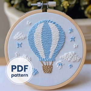 In The Clouds, Baby embroidery, PDF Pattern, printable embroidery, Nursery Embroidery Art, Kids room decor, Hot Air Balloon, newborn gift