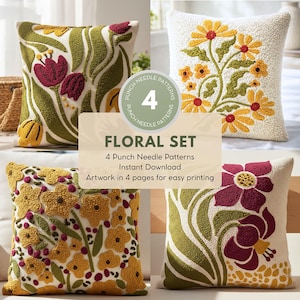Puede incluir: Cuatro cojines decorativos con diseños florales. Los cojines presentan flores bordadas en amarillo, rojo y verde sobre un fondo crema. La imagen incluye el texto "FLORAL SET" y "4 Punch Needle Patterns".